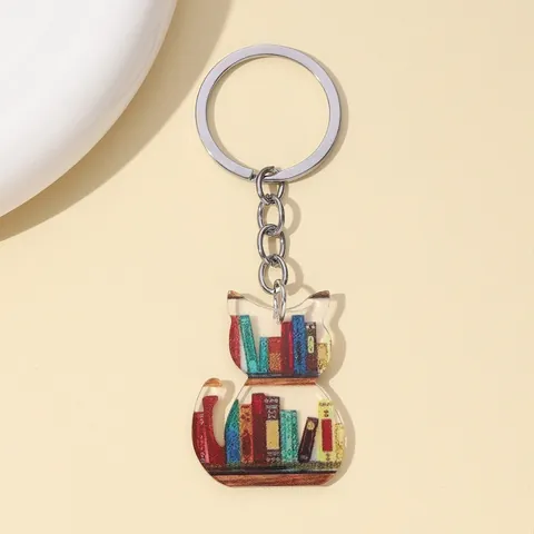Acrylic Cartoon Animal Keychain Bookshelf Pattern Pendant For Backpacks School Bags Graduation Student Gift Decor