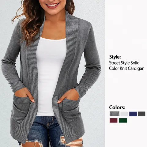 Damen Strickjacke Offene Front Langarm Top Mit Taschen Einfarbig Gerippt Casual Streetwear Mode Strickwaren