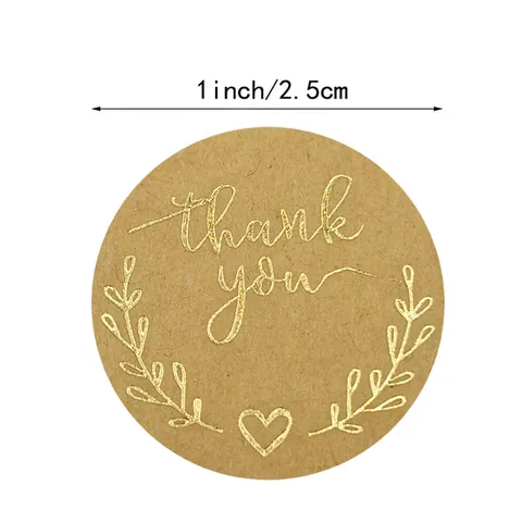 Étiquettes Adhésives Thank You en Papier Kraft Marquage à Chaud Doré Design Branche d'Olivier Cœur Rondes en Rouleau pour Emballage de Cadeau Mariage Fête Décoration