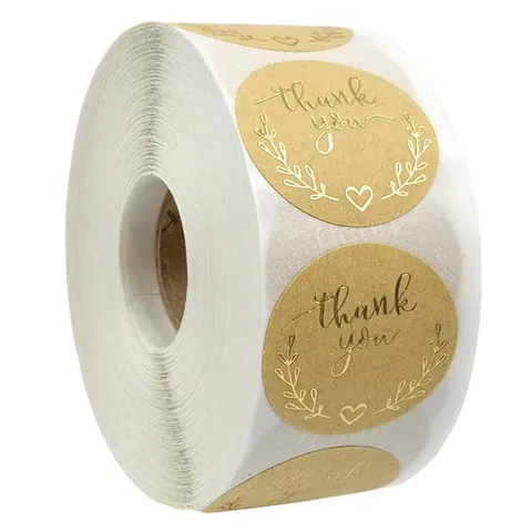 Étiquettes Adhésives Thank You en Papier Kraft Marquage à Chaud Doré Design Branche d'Olivier Cœur Rondes en Rouleau pour Emballage de Cadeau Mariage Fête Décoration