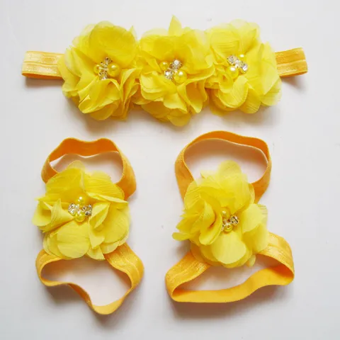 Infant Baby Chiffon Flower Headband And Barefoot Sandals Set Hand-Sewn Rhinestone Artificial Pearl Hair Accessories For Photography Celebration Girls Jewelry L164