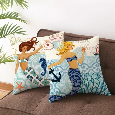 Mediterranean Ocean Nautical Pillow Case Peach Skin Velvet Mermaid Anchor Cushion Cover Home Sofa Decor Retro