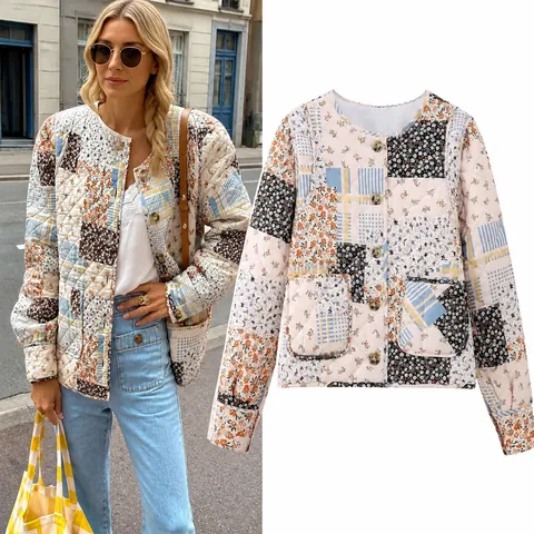 Damen Bohemian Patchwork Steppjacke Vintage Blumendruck Baumwolle Wattierter Mantel Casual Langarm Top Mit Taschen