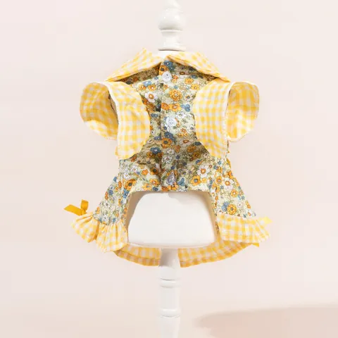 Vestito per Cani Stile Lolita Stampa Floreale Quadri Gonna da Principessa con Accessorio Fiocco Abbinato per Piccoli Cani Gatti Primavera Estate