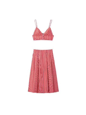 Ensemble d'Été pour Femme Rayures Rouges et Blanches Crop Top Col en V et Jupe Midi Trapèze Taille Haute