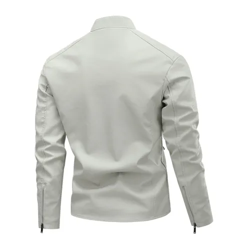 Men's Slim Fit PU Leather Jacket Stand Collar Motorcycle Biker Outerwear Quilted Shoulder Multi-Pocket Casual Zip Coat Top
