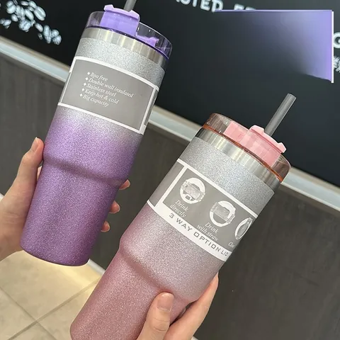 Tazza Isolata Sottovuoto in Acciaio Inossidabile con Vernice Diamantata Sfumata Con Coperchio a Cannuccia Tazza da Viaggio per Auto a Doppia Parete Caffè a Grande Capacità