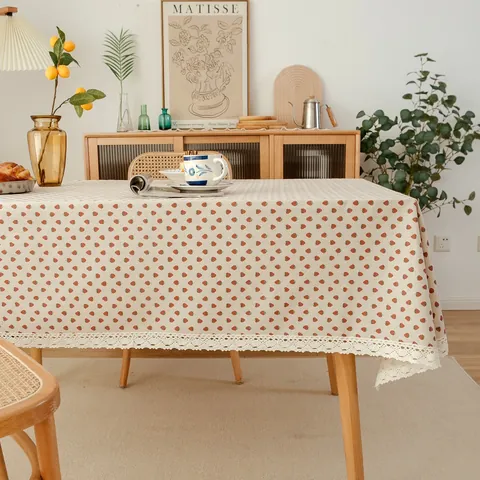 Nappe Pastorale en Coton et Lin Imprimé Fraise Cerise avec Bord en Dentelle Blanche Rectangle Beige Housse Anti-Poussière pour Table à Manger Décoration Maison