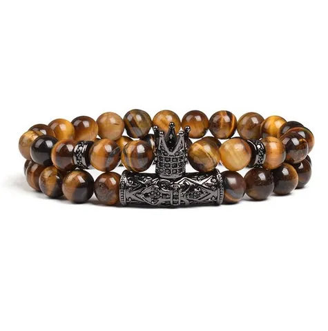 Yellow Tiger Eye Stone Bracelet Set With Crown Curved Tube Micro Rhinestone Inlaid Beaded Bracelets Unisex Jewelry Gift