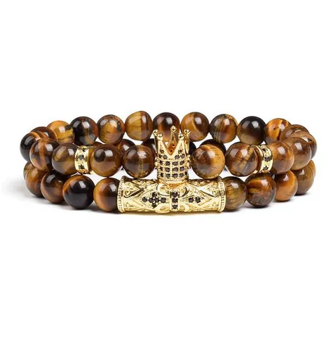 Yellow Tiger Eye Stone Bracelet Set With Crown Curved Tube Micro Rhinestone Inlaid Beaded Bracelets Unisex Jewelry Gift