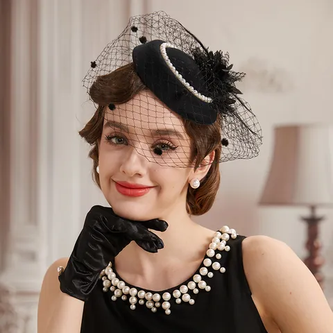 Vintage Fascinator Pillbox Hut Mit Künstlichen Perlen Netzschleier Feder Blumen Haarschmuck Für Hochzeit Party Damen