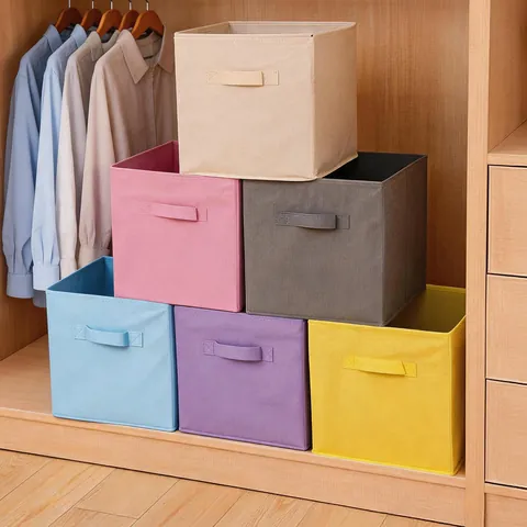 Caja de Almacenamiento de Tela No Tejida Plegable Cubo Organizador de Armario Con Asa Color Sólido Contenedor de Ropa