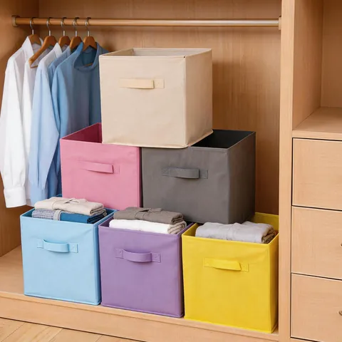 Caja de Almacenamiento de Tela No Tejida Plegable Cubo Organizador de Armario Con Asa Color Sólido Contenedor de Ropa