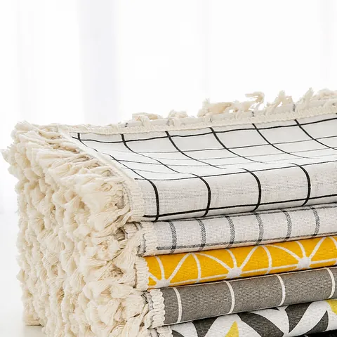 Modern Minimalist Linen Tablecloth Geometric Checkered Printed Tassel Edge Heat Resistant Wear Resistant Table Cover For Home Kitchen Dining