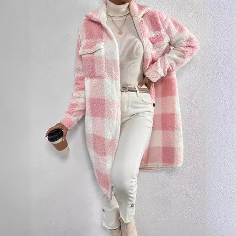 Abrigo Largo de Mezcla de Lana a Cuadros para Mujer Elegante Solapa con Botones Holgado Cálido Moda Otoño Invierno Top