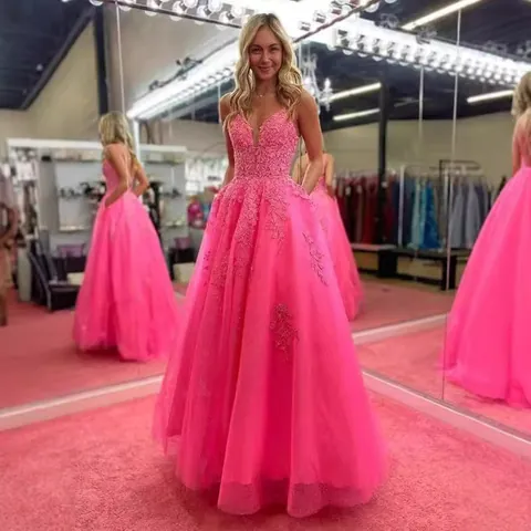 Women Sexy French Lace Long Evening Dress V-Neck Spaghetti Strap A-Line Tulle Prom Party Gown For Wedding Performance