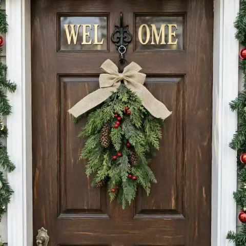 Norfolk Pine Christmas Swag Wreath Artificial Greenery Swag With Red Berries Pine Cones Burlap Bow For Door Fireplace Wall Decor