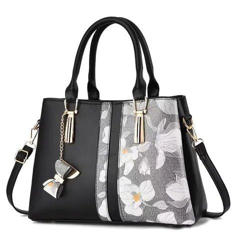Women Large Capacity Tote Bag Orchid Floral Print Patchwork PU Leather Handbag Elegant Shoulder Crossbody Bag With Bow Pendant