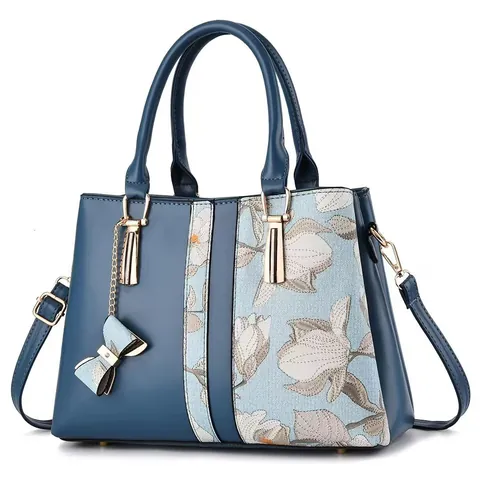 Women Large Capacity Tote Bag Orchid Floral Print Patchwork PU Leather Handbag Elegant Shoulder Crossbody Bag With Bow Pendant