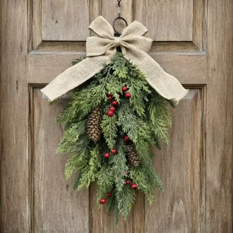 Norfolk Pine Christmas Swag Wreath Artificial Greenery Swag With Red Berries Pine Cones Burlap Bow For Door Fireplace Wall Decor