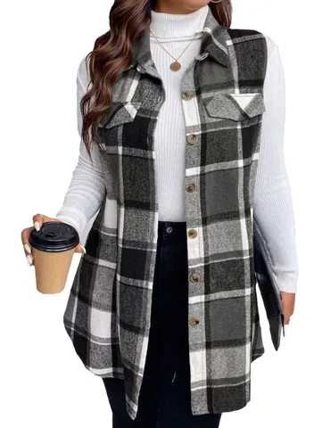Chaleco De Cuadros Sin Mangas Para Mujer Camisa Larga Informal Suelta Top De Chaleco A Cuadros Con Botones Bolsillos Moda Primavera Verano