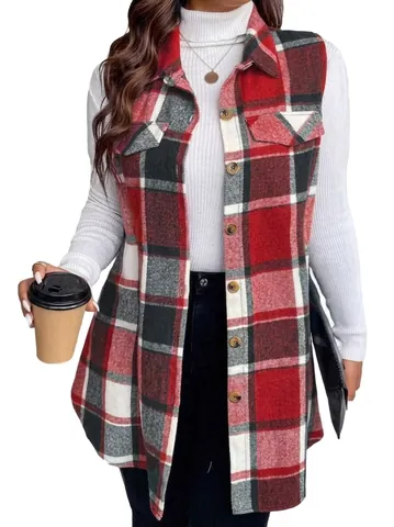 Chaleco De Cuadros Sin Mangas Para Mujer Camisa Larga Informal Suelta Top De Chaleco A Cuadros Con Botones Bolsillos Moda Primavera Verano