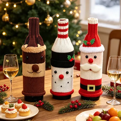 Christmas Wine Bottle Covers Knitted Fabric Santa Snowman Reindeer Cartoon Decoration For Holiday Party Table Dinner