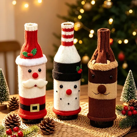 Christmas Wine Bottle Covers Knitted Fabric Santa Snowman Reindeer Cartoon Decoration For Holiday Party Table Dinner