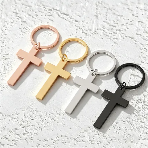 Minimalist Stainless Steel Cross Pendant Keychain Polished Metal Latin Cross Key Ring For Men Women Religious Gift