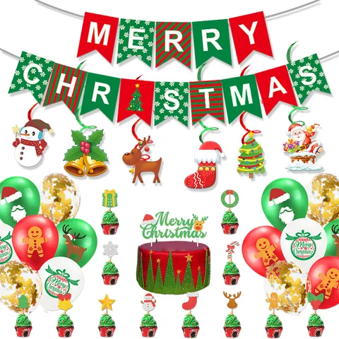 Kerstfeest Decoratie Merry Christmas Banner Latex Ballonnen Papieren Taarttoppers Spiraal Hangende Slingers Decor
