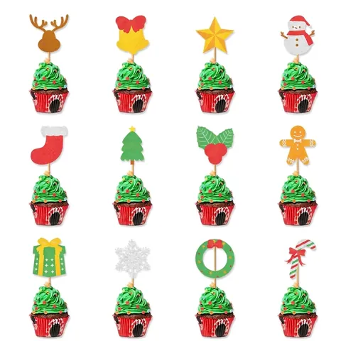 Weihnachten Tortenaufsatz Glitzer Papier Cupcake Picks Rentier Lebkuchenmann Feiertag Party Dekoration Cartoon Stil
