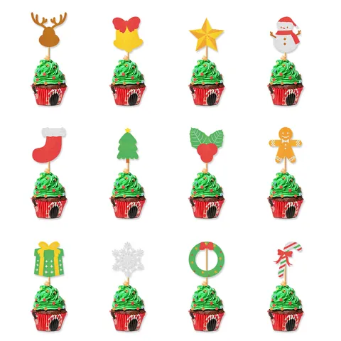Weihnachten Tortenaufsatz Glitzer Papier Cupcake Picks Rentier Lebkuchenmann Feiertag Party Dekoration Cartoon Stil
