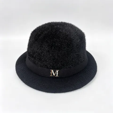 Damen Winter Warm Kaninchenfell-Imitat Gestrickte Fischerhut Elegant Metall M Buchstabe Strass Glockenhut Einfarbig Plüsch Hut