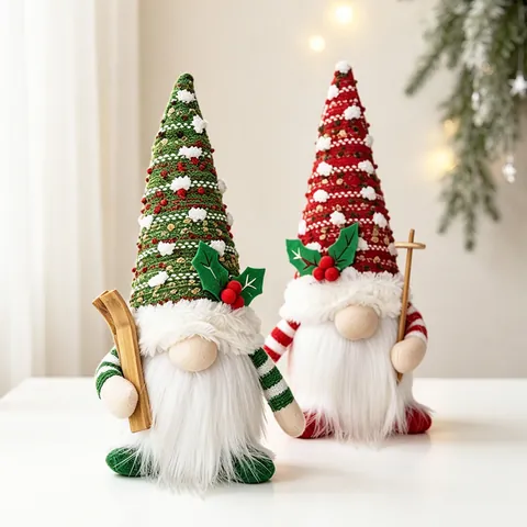 LED Lighted Christmas Gnomes Decor Nordic Skiing Faceless Gnome Plush Dolls Green Red Dotted Hat Xmas Ornament For Home Holiday Display