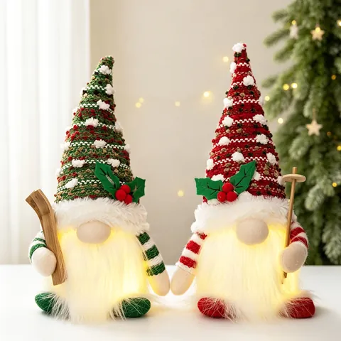 LED Lighted Christmas Gnomes Decor Nordic Skiing Faceless Gnome Plush Dolls Green Red Dotted Hat Xmas Ornament For Home Holiday Display