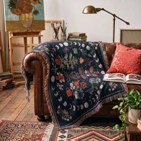 Coperta Intrecciata In Cotone Boho Fasi Lunari Floreale Copridivano Con Frange Arredamento Campeggio Picnic Vintage
