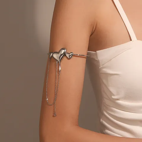 Copper Heart Tassel Armlet Bracelet Liquid Metal Lava Design Silver Tone Fashion Jewelry For Women Elegant Arm Cuff