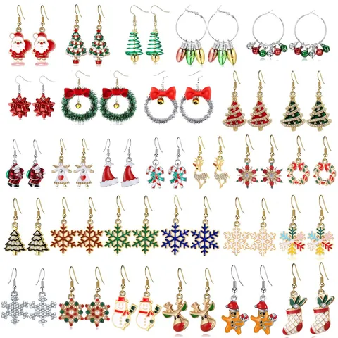 Kerst Emaille Druppel Oorbellen Set Voor Dames Legering Strass Kerstman Kerstboom Zuurstok Rendier Sieraden Cadeau