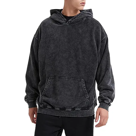 Heren Zwaar Gewicht Katoen Acid Washed Hoodie Vintage Verweerd Losse Top Voor Dagelijks Gebruik Effen Kleur Lange Mouwen Hoodie