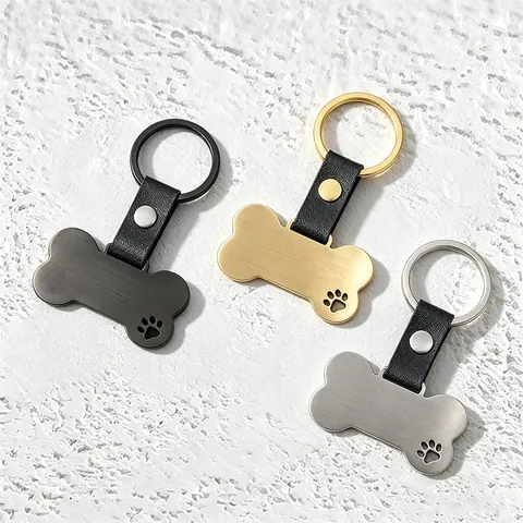 Bone Shape Metal Leather Keychain Hollow Paw Print Brushed Surface Pet ID Tag Laser Engraving Key Ring Accessory