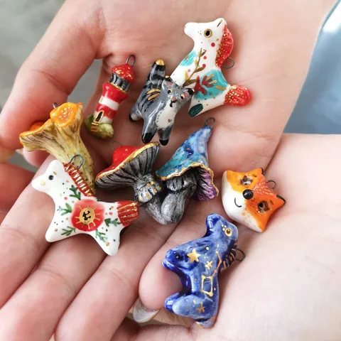 Handmade Painted Ceramic-look Copper Animal Mushroom House Pendant Necklace For Women Gold Silver Plated Jewelry Gift