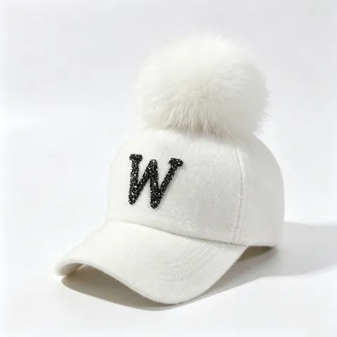 Women Winter Mohair Baseball Cap With Large Fluffy Pom Pom Rhinestone Letter W Warm Outdoor Peak Cap For Kids Fashion Hat