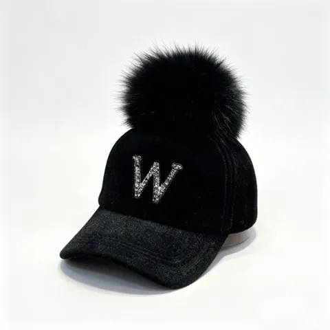 Women Winter Mohair Baseball Cap With Large Fluffy Pom Pom Rhinestone Letter W Warm Outdoor Peak Cap For Kids Fashion Hat