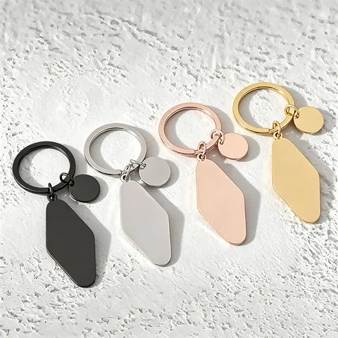 Stainless Steel Rhombus Round Blank Keychain For DIY Laser Engraving Hotel Motel Style Polished Metal Charm Keyring Gift
