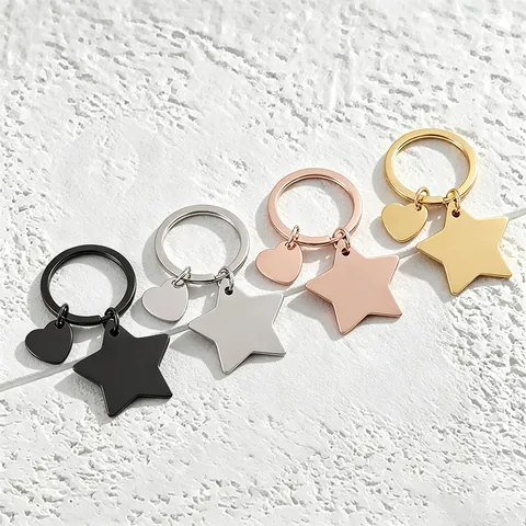 Stainless Steel Star Heart Keychain Set Polished Metal Key Ring Pendant For Car Key Bag DIY Blank Laser Engraving Gift