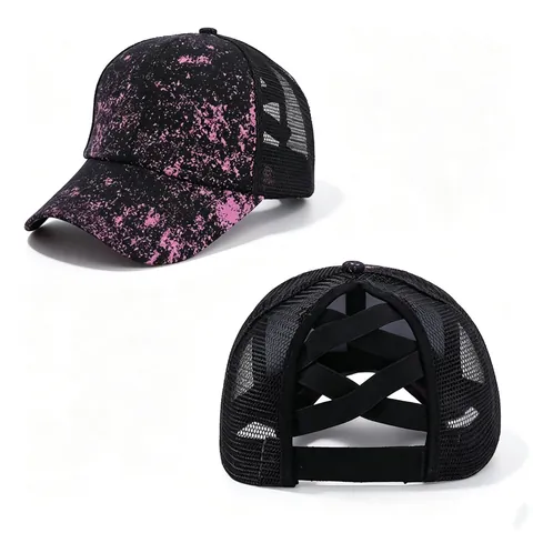 Damen Überkreuztes Pferdeschwanz Baseballkappe Mesh Atmungsaktiv Verstellbar Sonnenschutz Outdoor Bedruckte Schirmmütze