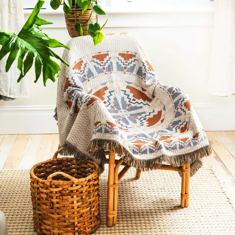 Couverture Tissée Bohémienne Coton Motif Géométrique Jeté Avec Franges Pompons Pour Camping En Plein Air Pique-Nique Canapé Décoratif