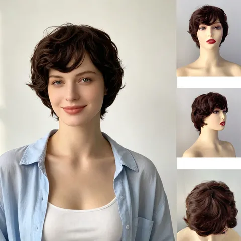 Peluca Sintética Corta Rizada Mujer Natural Esponjosa Corte en Capas Pixie Cut Fibra Resistente al Calor para Fiesta