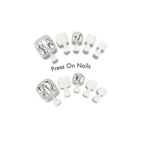 Glitter Rhinestone Press On Toe Nails White Silver Detachable Fake Foot Nails For Women DIY Manicure Pedicure Kit