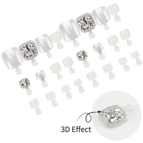 Glitter Rhinestone Press On Toe Nails White Silver Detachable Fake Foot Nails For Women DIY Manicure Pedicure Kit